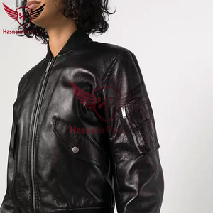 Veste en cuir véritable noir pour femme, col côtelé, poches à rabat en peau de mouton, veste bomber MA1, vêtements d'extérieur chauds personnalisés pour l'automne et l'hiver - Product Image 6