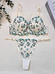 Romantic Floral Embroidered Underwire Bra <b>Set</b> with <b>Push</b>-<b>Up</b> Half Cup <b>Bikini</b> Panties Sexy Women Blue Color Made Turkey Op170 - Product Image 3