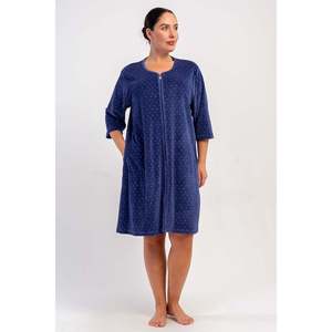Vienetta Vestido de Casa para Mujer, Talla XXL, 3/4, con Bolsillos y Cierre, de Algodón y Terciopelo, Color Azul Marino - Product Image 2