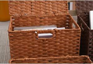 Panier de rangement rectangulaire moderne en plastique tressé écologique avec poignée, empilable, multifonctionnel pour l'organisation des aliments - Product Image 5