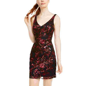 Women's Sequined Printed Sleeveless V Neck Short Body Con Cocktail Dress Black <b>Red</b> Size 7 <b>Sequin</b> Hearts Design Sheath Silhouette - Product Image 1