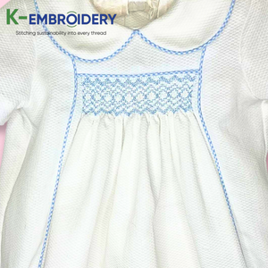 K-bordado hermoso verde Seersucker venta al por mayor monos, ropa para niños smocked, ropa para niños SBS111 - Product Image 4