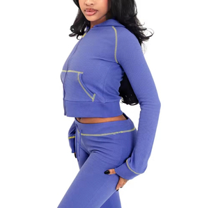 <b>Womens</b> Sets Waffle Knit Hoodie Clothing Manufacturers Custom Loungewear <b>Women</b> Sets Cropped Hoodies and <b>Sweat</b> <b>Pants</b> Set - Product Image 3