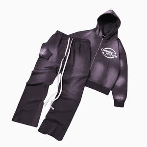 Adults Acid <b>Wash</b> Sweat Suits Cotton Thick Zipper up Tracksuits Hoodies Flare Sweatpants Suit With Screen Printed Logo Design - Product Image 4