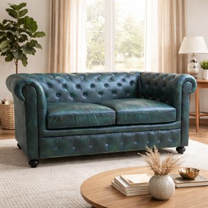 Sofá Chesterfield de Cuero Genuino Color Verde Azulado |   Diseño Moderno de Mediados de Siglo |   Muebles de Lujo para Sala de Estar en Apartamentos y Villas - Product Image 2