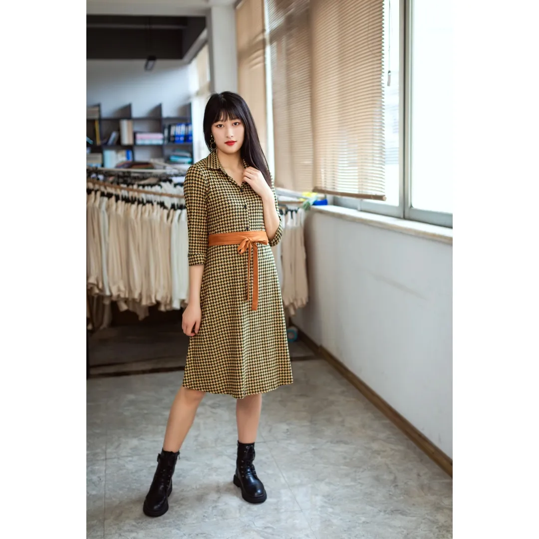 Amazon Hot Sale Fall 2022 Mid Long Sleeve Houndstooth Print Casual Over Knee Length Shirt Dress