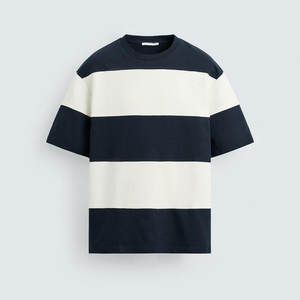 T-shirt vintage pour homme à rayures contrastées 100% coton personnalisé, texture contrastée, col rond, ample - Product Image 4