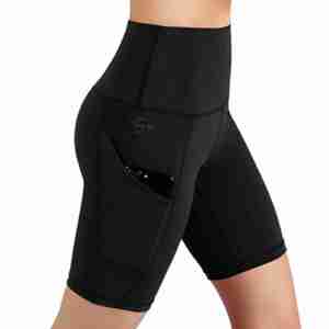 Shorts de sport noirs taille haute pour femme avec poches latérales, séchage rapide, coupe sportive, pour entraînement et yoga - Product Image 2