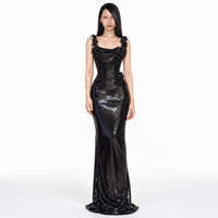 Robe de soirée longue de luxe noire à sequins OEM/ODM, avec appliques florales, corset perlé, dos nu, coupe fourreau, pour femme, idéale pour les fêtes et bals de promo