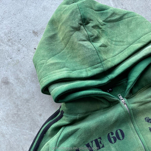 Sérigraphie personnalisée Rayures brodées Lavage vintage à double capuche Sweat à capuche court avec fermeture éclair Pantalon de survêtement Baggy à ourlet brut Survêtement - Product Image 2