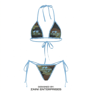 Ensemble de bikini pour femmes, tissu polyester extensible de qualité supérieure 240g, bleu, bretelles à nouer, motif uni, bouton, taille haute, décolleté plongeant, antibactérien - Product Image 1