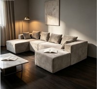 Canapé modulaire en forme de U gris clair moderne, trois places, en velours côtelé, design profil bas, avec coussins décoratifs, pour salon