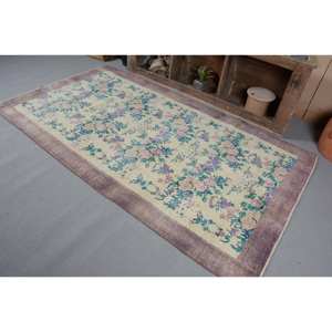 Tapis Turc Vintage Beige Violet 4.6X8 ft Classique Style Boho Laine Latex Support Patchwork Rectangle Couloir pour Décoration de Chambre - Product Image 3