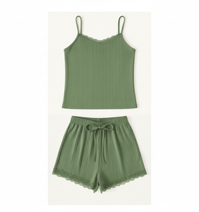 Conjunto de Camisola y Pantalones Cortos de Punto Acanalado con Encaje para Mujer, Suave y Elástico, Estilo Pijama hasta la Rodilla, Venta al por Mayor, Fabricante de Ropa OEM - Product Image 4