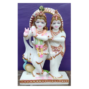 Position debout Radha Krishna faite à la main en marbre blanc avec Sculpture de paon pour la décoration de la maison et du temple but de culte - Product Image 1
