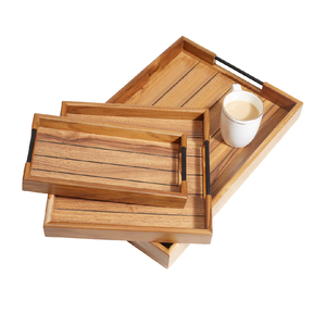 Ensemble rectangulaire multifonctionnel en bois de noyer et de bambou de couleur marron avec plateau de service en bambou pour les aliments, le café et le petit-déjeuner. - Product Image 3