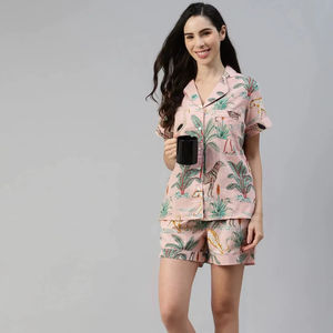 Pijama Corto de Mujer con Estampado Floral de Algodón Voile, Cuello en V con Solapa, Transpirable, Suave, de Secado Rápido, Cierre con Botones - Product Image 1