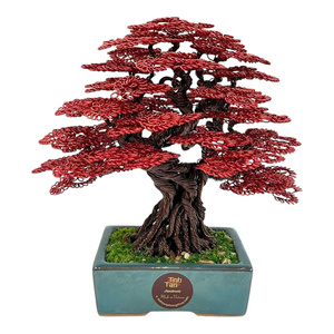 Sculpture d'arbre bonsaï en pin fait main, art en fil d'aluminium, feuilles rouges, taille 20x20x18, pour Halloween, la Saint-Valentin, le Nouvel An - Product Image 1