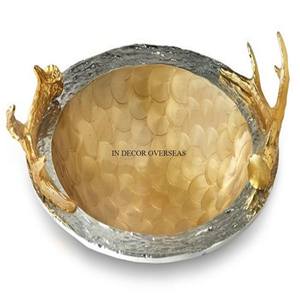Top Selling <b>Silver</b> Color Finishing Shiny Polished Unique Texture Metal Table Centerpiece <b>Bowl</b> With Gold Plated Antler Design - Product Image 4