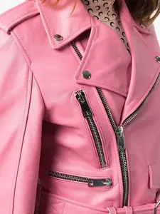 Womens Real <b>Pink</b> Leather Biker <b>Jacket</b> Belted Waist Asymmetrical Zip Lapel Collar Sheepskin Motorcycle Coat Custom Short Outwear - Product Image 5