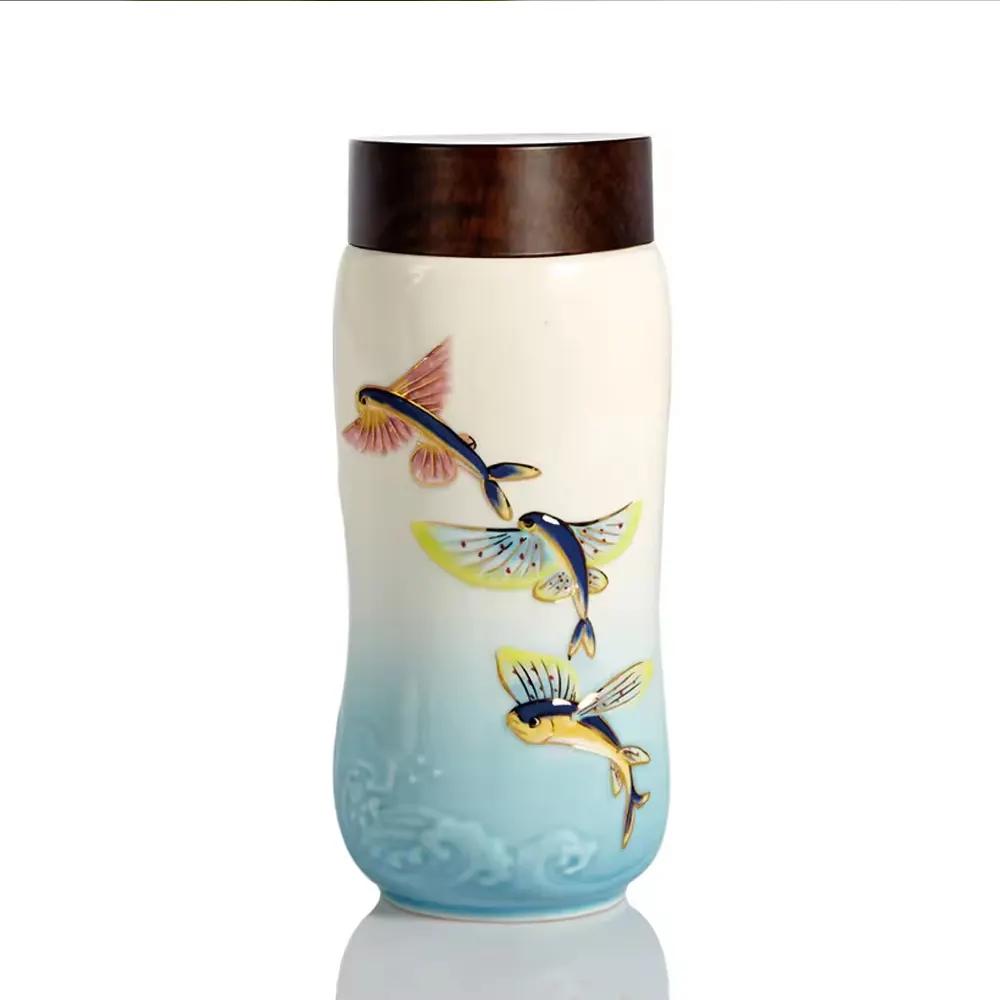 Acera Liven Joy of Fish Travel Mug   Double Wall   Crafted with Beautiful Minimalist Designs Color Fishes Hand Painted