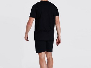 Ensemble short à col en O 100% coton pour hommes T-shirt décontracté de sport d'été à séchage rapide avec col teint en couleur unie léger coupe ajustée bras serré noir - Product Image 2