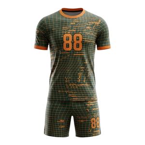 Tenues de football personnalisées pour hommes, vert foncé, orange, motif quadrillé, effet vieilli, maillot à manches courtes, kit respirant, sport 88 - Product Image 1