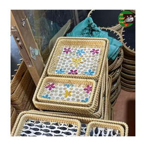 Meilleur prix, mélange de styles, plateau rond en nacre et en mosaïque, plateau de service en rotin, plateau en rotin avec incrustation en céramique, en vente - Product Image 5