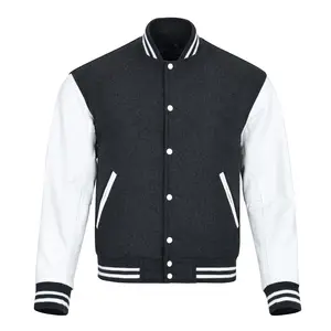 Custom Men's Wool letterman Real Leather Varsity Jacket Black with White Color Embroidery Patches and Labels jacket for men