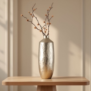 Vase à fleurs classique en fer texturé hexagonal argenté Design côtier élégant décor de mariage fait à la main - Product Image 5