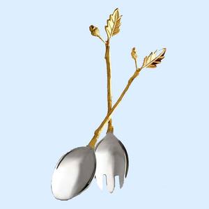 Juego de cubiertos de servidor de ensalada de boda de diseño real, rama elegante de acero inoxidable y latón con diseño de hojas y flores - Product Image 3