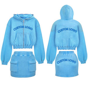 Logo personnalisé printemps 2025 vêtements pour femmes ensemble deux pièces solide fermeture éclair à capuche haut court sweat à capuche jupe ensembles pour femmes - Product Image 1