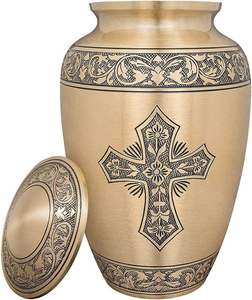 High Quality Brass Cremation Urn <b>for</b> Human Ashes Dark Blue Cross & Floral Engraved Funeral Urn <b>for</b> <b>Sale</b> - Product Image 1