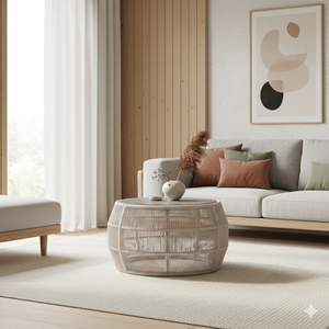 Edmount Contemporary Coffee <b>Table</b> Teak <b>Wood</b> with Rope Round Shape Brown Finish New Design Living Room Furniture - Product Image 5