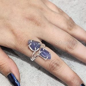 Bague pour femme en Tanzanite naturelle, pierre de naissance de décembre, double pierre, cadeau de Noël, bijoux faits à la main, bague en argent sterling 925 - Product Image 4