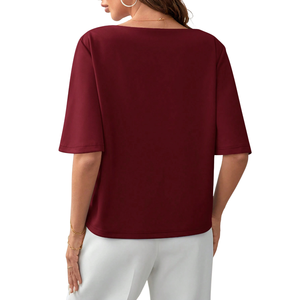 Blusa informal holgada de manga media para mujer, camisa de punto suave con cuello redondo de color liso, blusa de moda para el día a día, para primavera y verano - Product Image 2