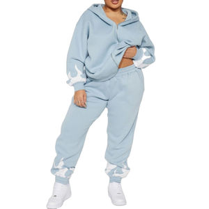 Chándal holgado de Jogger de algodón pesado personalizado OEM, chándal de gran tamaño con estampado de abullonado y cremallera, conjunto de pantalones de chándal con capucha para mujer de talla grande - Product Image 5