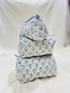 Beautiful Eco-Friendly Indian Cotton Block Print Vintage Water Resistant <b>Makeup</b> <b>Storage</b> Set 3 Quilted Large Zipper White Sky - Product Image 2