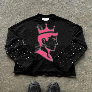 Sudadera personalizada con diamantes de imitación desgastados bordados lavado ácido de manga larga de doble capa camiseta de gran tamaño de peso pesado para hombres - Product Image 1