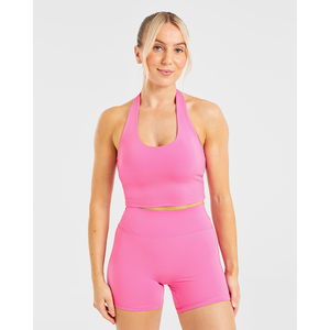 เสื้อครอปแบบคล้องคอสำหรับผู้หญิงเสื้อครอปสำหรับออกกำลังกายฟิตเนสเนื้อนุ่มยืดหยุ่นและเนยสีชมพูสำหรับฤดูร้อน - Product Image 1