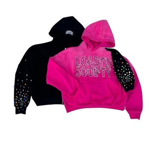 Unisex 2025 personalizado 450 Gsm 100% algodón Sudadera con capucha Rhinestone descarga impresa invierno de gran tamaño con capucha cuello lavado técnica sólida - Product Image 5