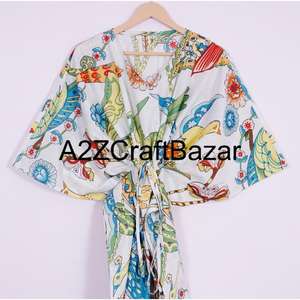 Caftán Corto de Algodón con Estampado Floral para Mujer, Vestido de Playa Bohemio, Ajuste Regular, Transpirable, Lavable, Cómodo, Ajustado - Product Image 3