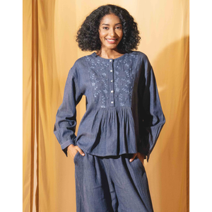 Blusa de Mezclilla de Manga Larga con Estampado Floral y Bordado para Mujer VARALIKA, 100% Algodón - Product Image 2