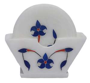 Green Marble Round Tea <b>Coaster</b> Set 4 pcs for Kitchen & Office <b>White</b> Enamel Fancy Gold Rims Metal and Marble Luxury Inspire Me - Product Image 2