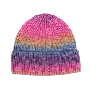 Top notch Custom Logo Unisex <b>Tie</b>-Dye Gradient Knitted <b>Wool</b> Beanie Hat Wholesale New Rainbow Thick Striped Design for Beach - Product Image 2