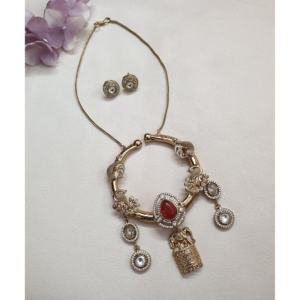 <b>Gold</b> Tone Kundan Fusion Red Stone Fine <b>Jewelry</b> Pendant <b>Set</b> - Product Image 5