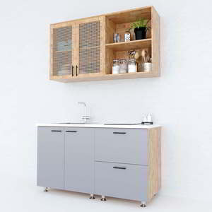 Système d'armoires de cuisine miniatures modernes de 1,2 m de large en chêne MDF et bois massif avec portes en treillis de rotin Garantie de 12 mois - BTB68010 - Product Image 1