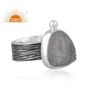 Anillo de banda de piedras preciosas aguamarina rugosa Natural de plata esterlina oxidada de Venta caliente Fabricante de joyería personalizada - Product Image 2