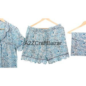 Ensemble de pyjama pour femmes en coton 100% pur, fait à la main, vintage, imprimé à la main, avec poches, tissu doux et respirant, pour l'automne/printemps - Product Image 5