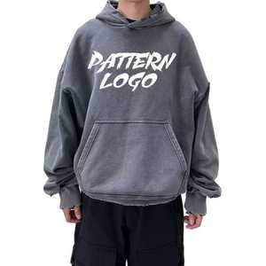 Custom Distressed Acid Wash Over Size Recortada Sudadera con capucha en blanco Heavyweight Men Street Wear Pullover Hoodie - Product Image 2